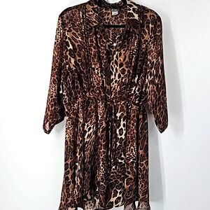 ❤️3/$30 Sheer Leopard Print Shirt Dress Tunic w Button Front & Drawstring Waist